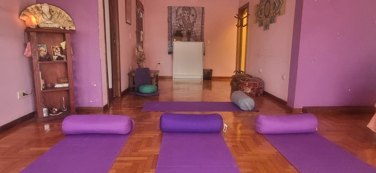 Sala de práctica con mats y bolsters preparados para una clase de Ayur Yoga.