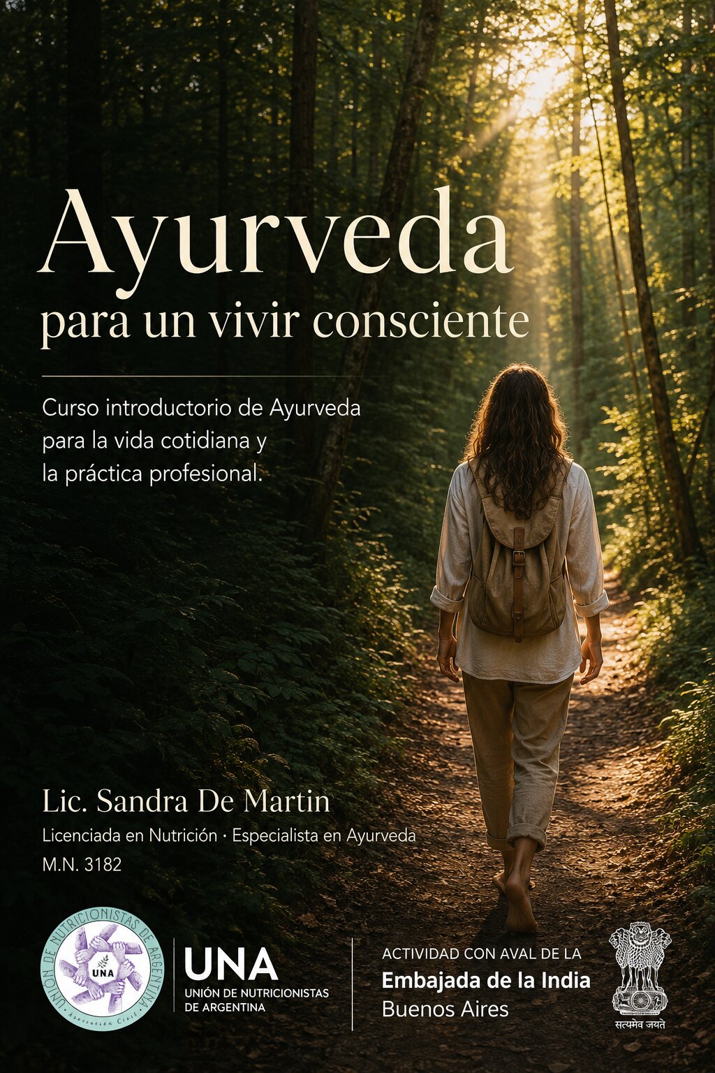 Flyer del curso Ayurveda para un vivir consciente, con el aval de la Embajada de la India en Buenos Aires.
